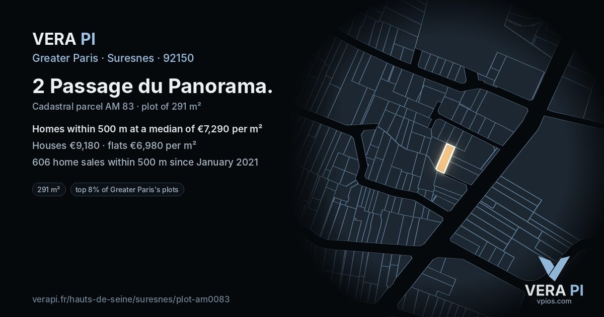 2 Passage du Panorama, Suresnes at night – the plot lit, the parcels around coloured by the prices near them