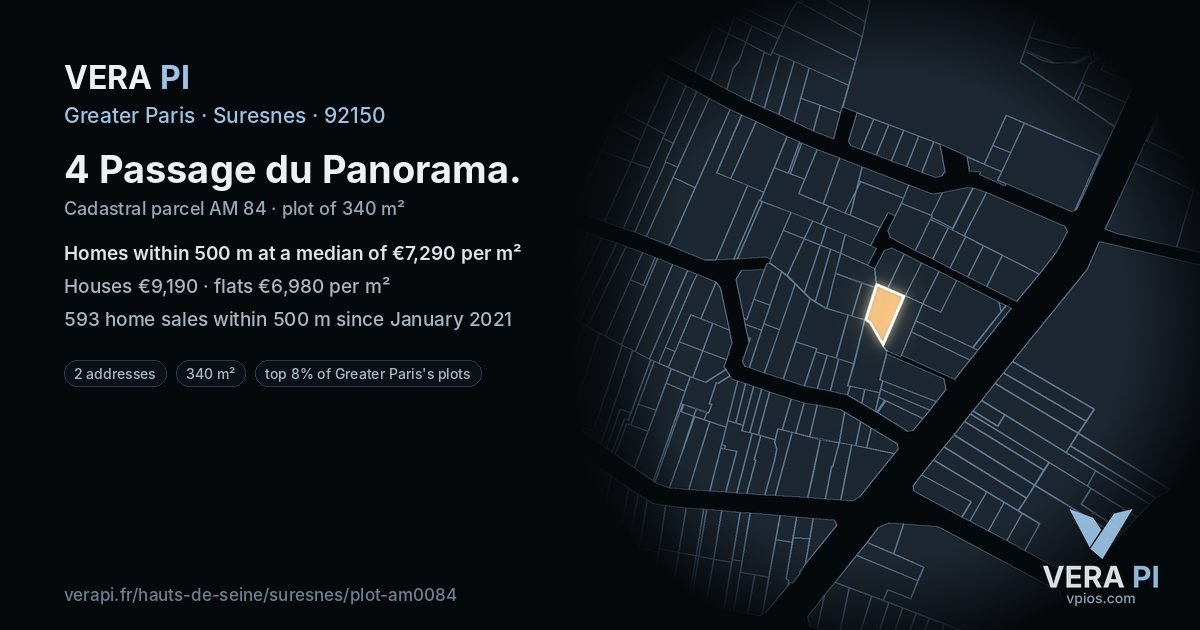 4 Passage du Panorama, Suresnes at night – the plot lit, the parcels around coloured by the prices near them