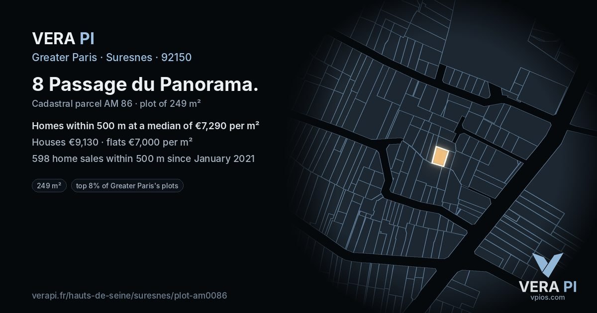 8 Passage du Panorama, Suresnes at night – the plot lit, the parcels around coloured by the prices near them