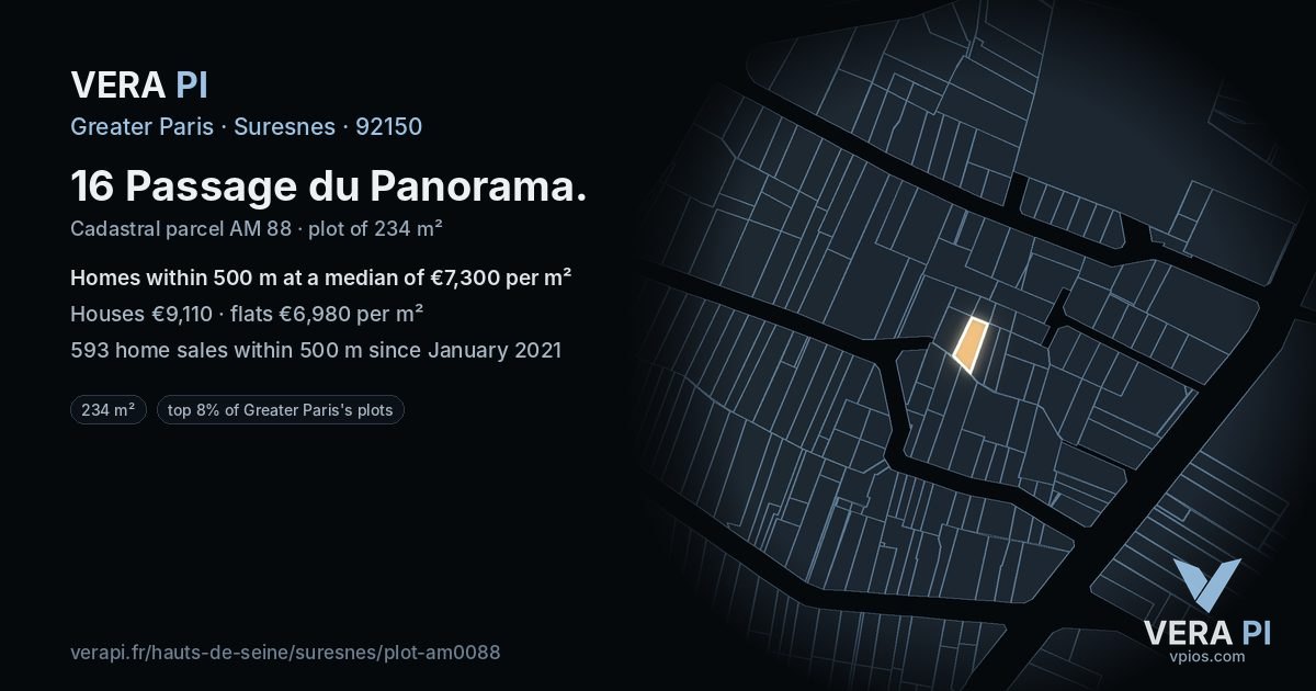 16 Passage du Panorama, Suresnes at night – the plot lit, the parcels around coloured by the prices near them