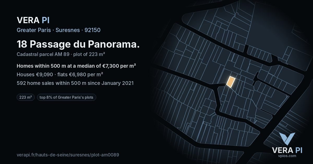 18 Passage du Panorama, Suresnes at night – the plot lit, the parcels around coloured by the prices near them