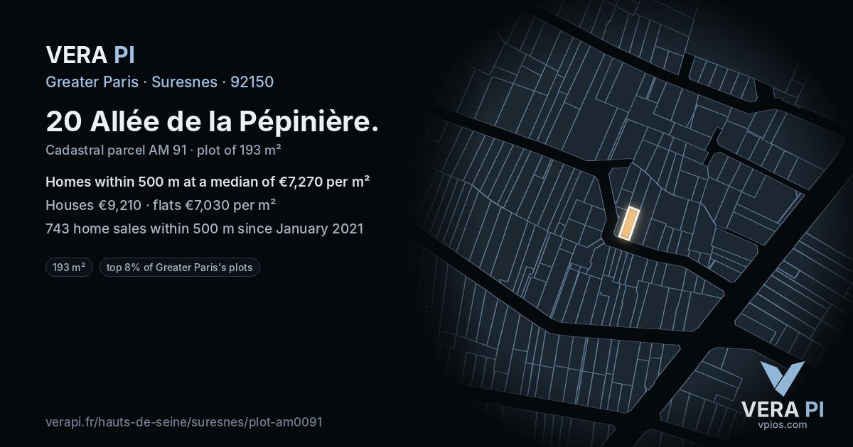 20 Allée de la Pépinière, Suresnes at night – the plot lit, the parcels around coloured by the prices near them