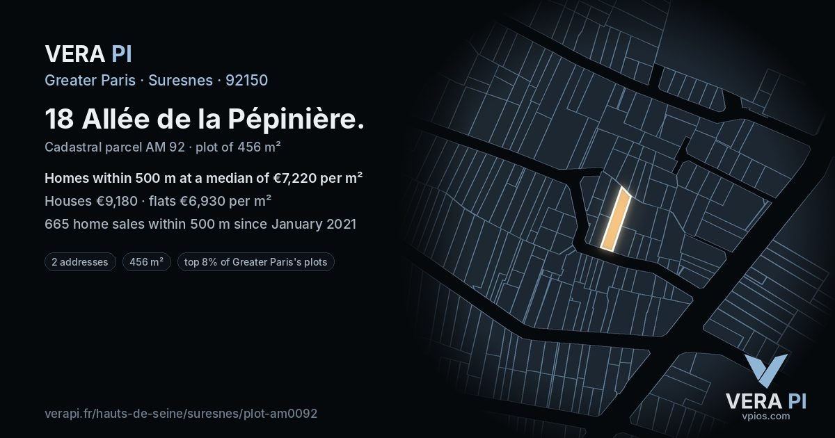 18 Allée de la Pépinière, Suresnes at night – the plot lit, the parcels around coloured by the prices near them