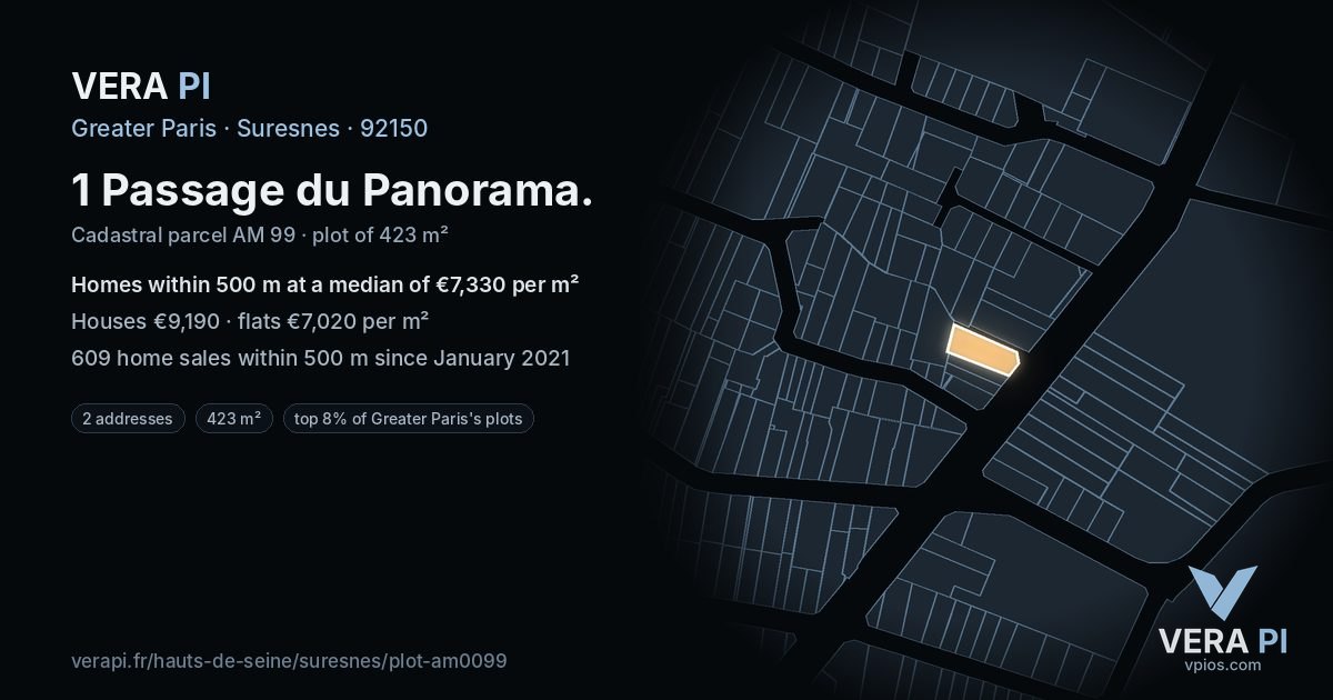 1 Passage du Panorama, Suresnes at night – the plot lit, the parcels around coloured by the prices near them