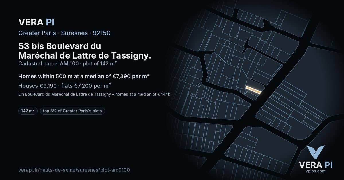 53 bis Boulevard du Maréchal de Lattre de Tassigny, Suresnes at night – the plot lit, the parcels around coloured by the prices near them