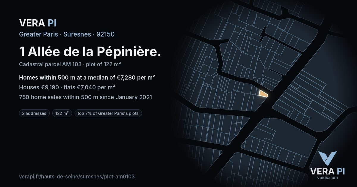 1 Allée de la Pépinière, Suresnes at night – the plot lit, the parcels around coloured by the prices near them