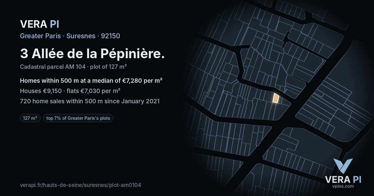 3 Allée de la Pépinière, Suresnes at night – the plot lit, the parcels around coloured by the prices near them