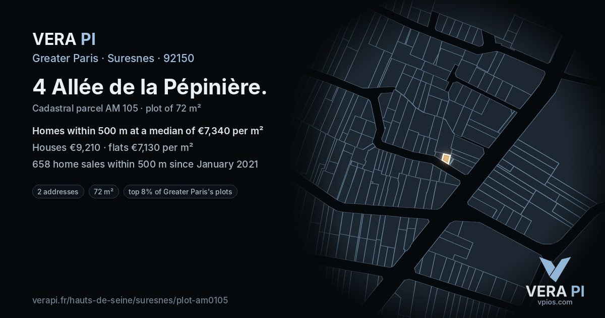 4 Allée de la Pépinière, Suresnes at night – the plot lit, the parcels around coloured by the prices near them