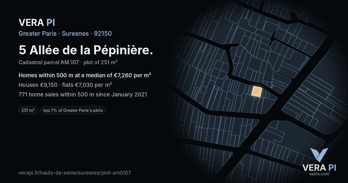 5 Allée de la Pépinière, Suresnes at night – the plot lit, the parcels around coloured by the prices near them