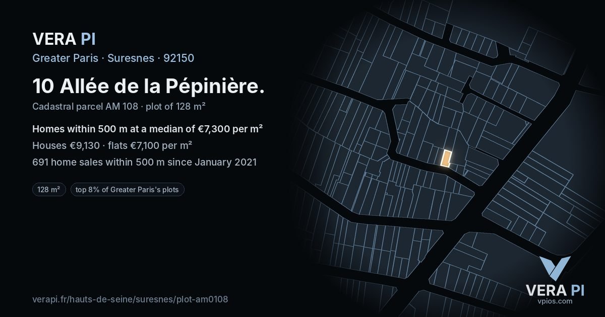 10 Allée de la Pépinière, Suresnes at night – the plot lit, the parcels around coloured by the prices near them