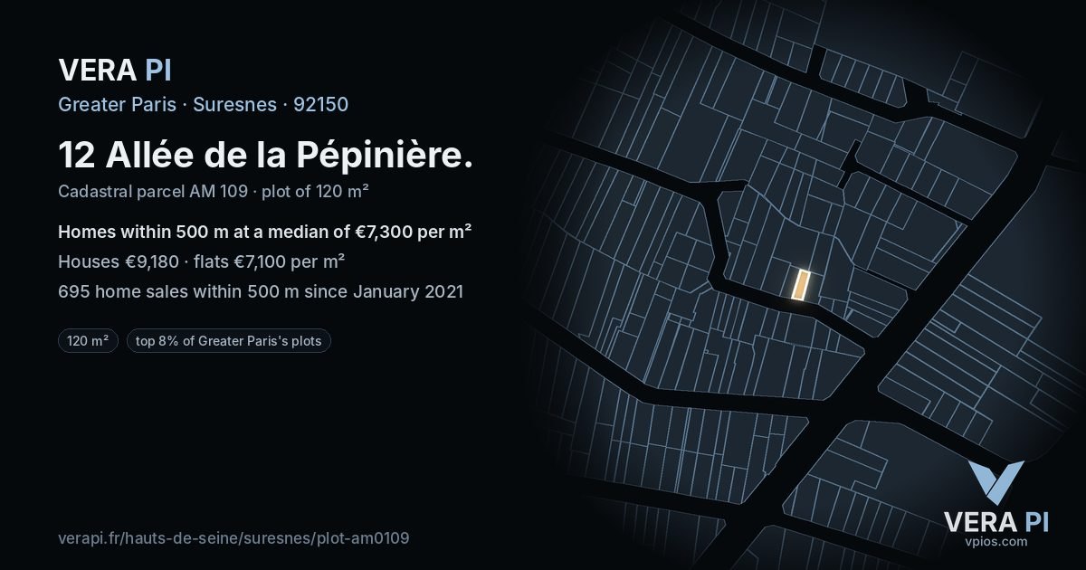 12 Allée de la Pépinière, Suresnes at night – the plot lit, the parcels around coloured by the prices near them