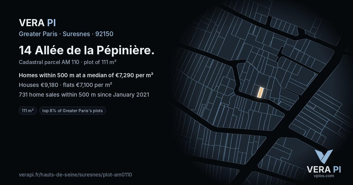 14 Allée de la Pépinière, Suresnes at night – the plot lit, the parcels around coloured by the prices near them
