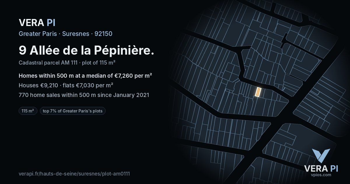 9 Allée de la Pépinière, Suresnes at night – the plot lit, the parcels around coloured by the prices near them