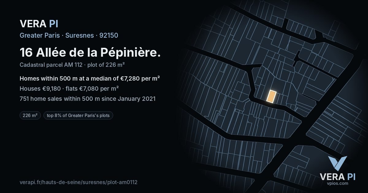 16 Allée de la Pépinière, Suresnes at night – the plot lit, the parcels around coloured by the prices near them