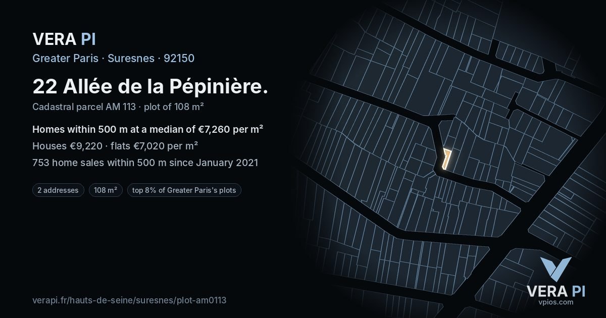 22 Allée de la Pépinière, Suresnes at night – the plot lit, the parcels around coloured by the prices near them