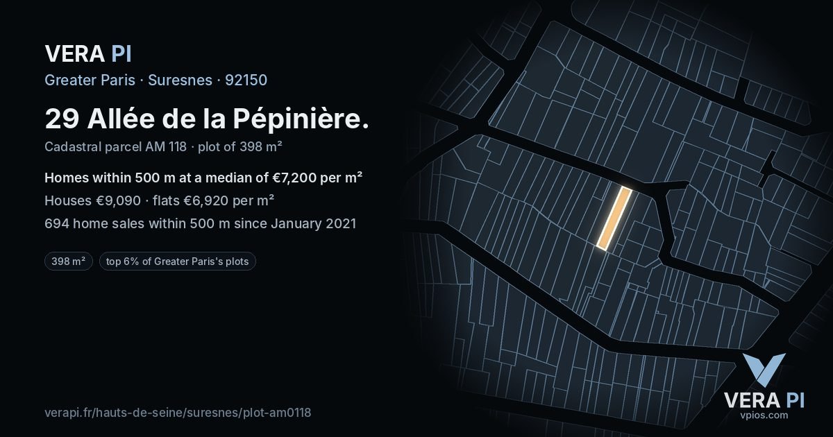 29 Allée de la Pépinière, Suresnes at night – the plot lit, the parcels around coloured by the prices near them