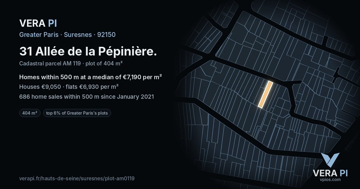 31 Allée de la Pépinière, Suresnes at night – the plot lit, the parcels around coloured by the prices near them