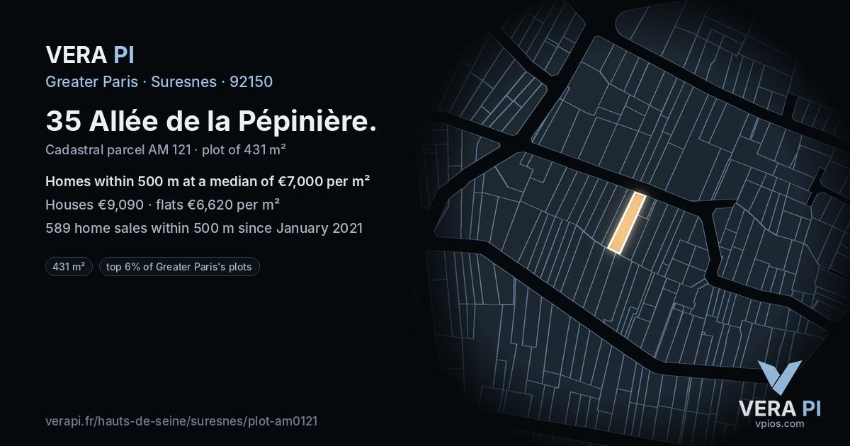 35 Allée de la Pépinière, Suresnes at night – the plot lit, the parcels around coloured by the prices near them