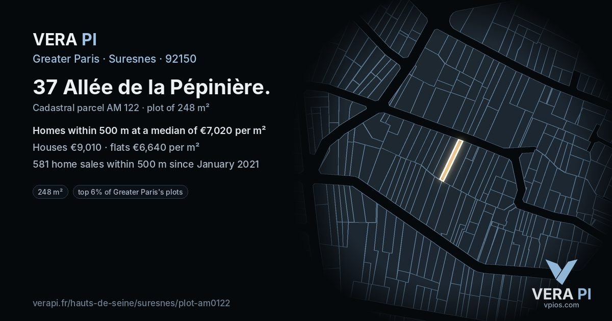 37 Allée de la Pépinière, Suresnes at night – the plot lit, the parcels around coloured by the prices near them