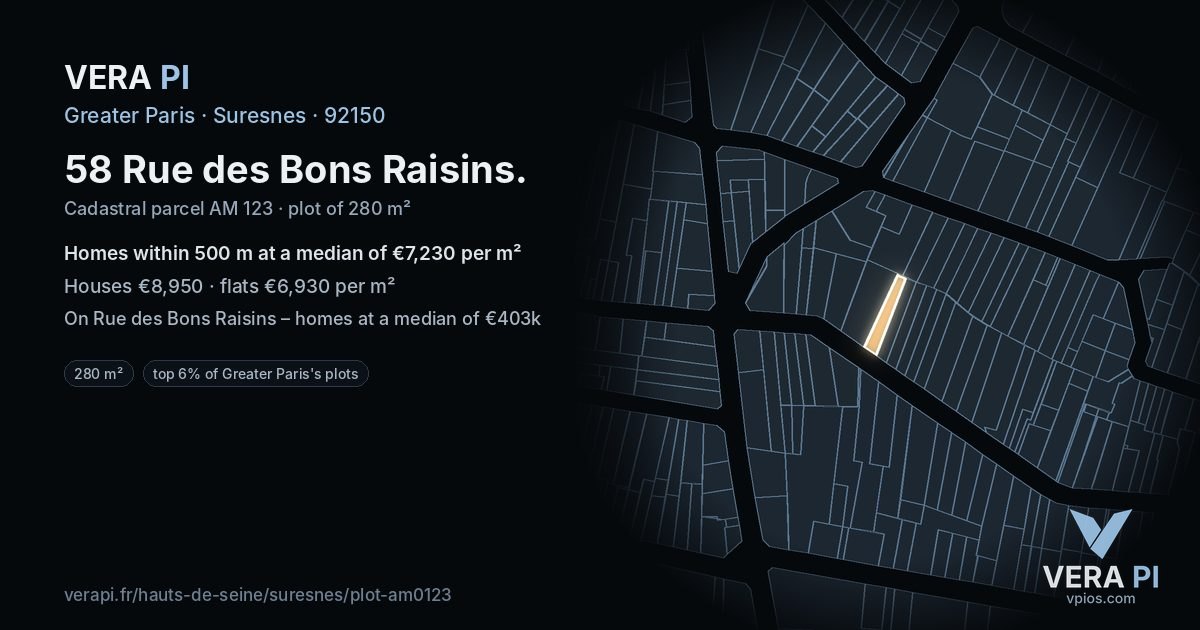 58 Rue des Bons Raisins, Suresnes at night – the plot lit, the parcels around coloured by the prices near them