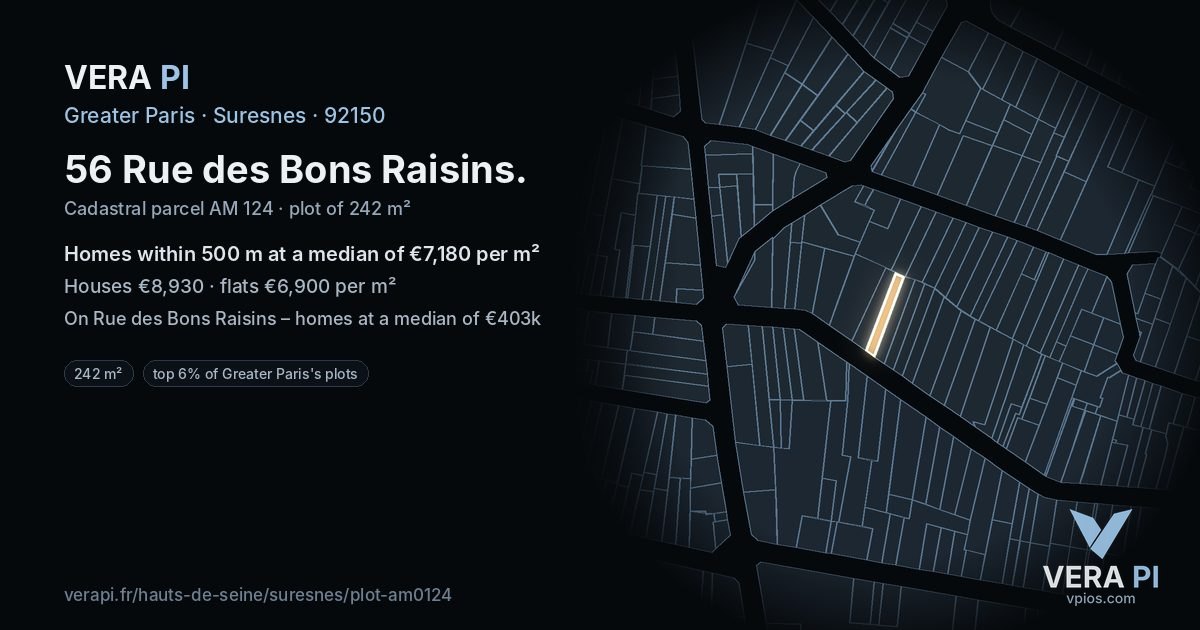 56 Rue des Bons Raisins, Suresnes at night – the plot lit, the parcels around coloured by the prices near them