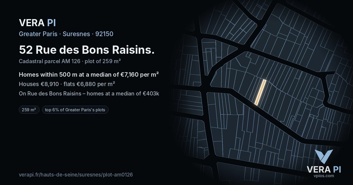 52 Rue des Bons Raisins, Suresnes at night – the plot lit, the parcels around coloured by the prices near them