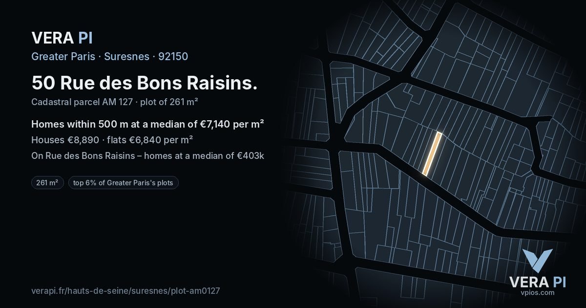 50 Rue des Bons Raisins, Suresnes at night – the plot lit, the parcels around coloured by the prices near them
