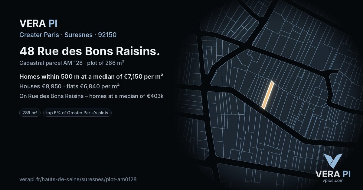 48 Rue des Bons Raisins, Suresnes at night – the plot lit, the parcels around coloured by the prices near them