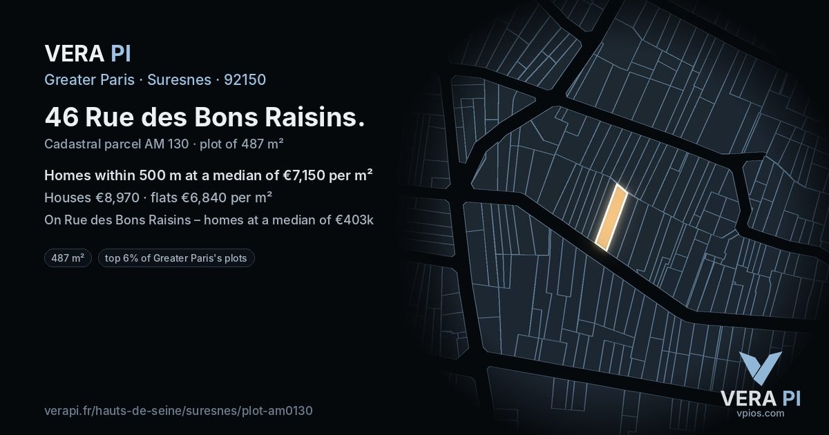 46 Rue des Bons Raisins, Suresnes at night – the plot lit, the parcels around coloured by the prices near them