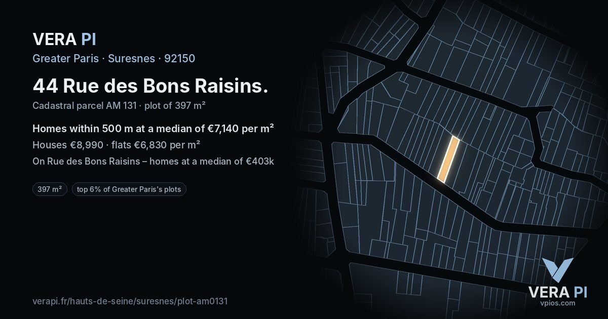 44 Rue des Bons Raisins, Suresnes at night – the plot lit, the parcels around coloured by the prices near them