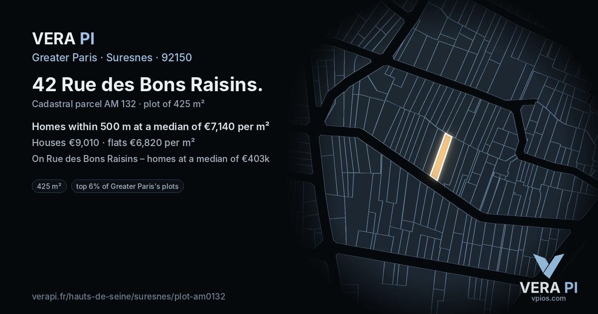 42 Rue des Bons Raisins, Suresnes at night – the plot lit, the parcels around coloured by the prices near them