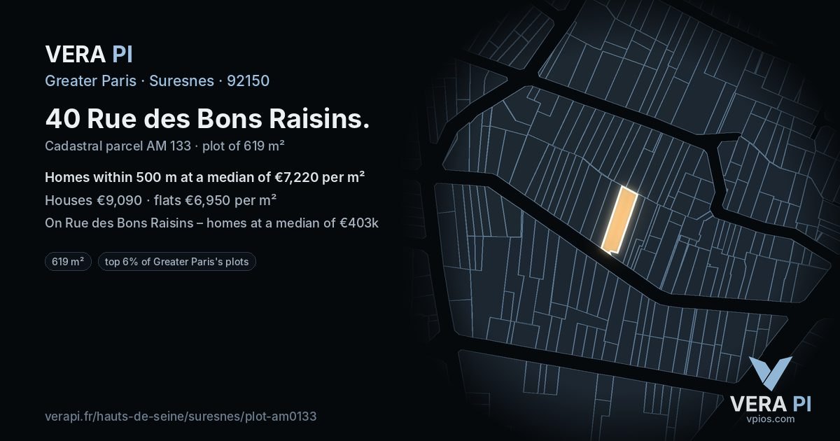 40 Rue des Bons Raisins, Suresnes at night – the plot lit, the parcels around coloured by the prices near them