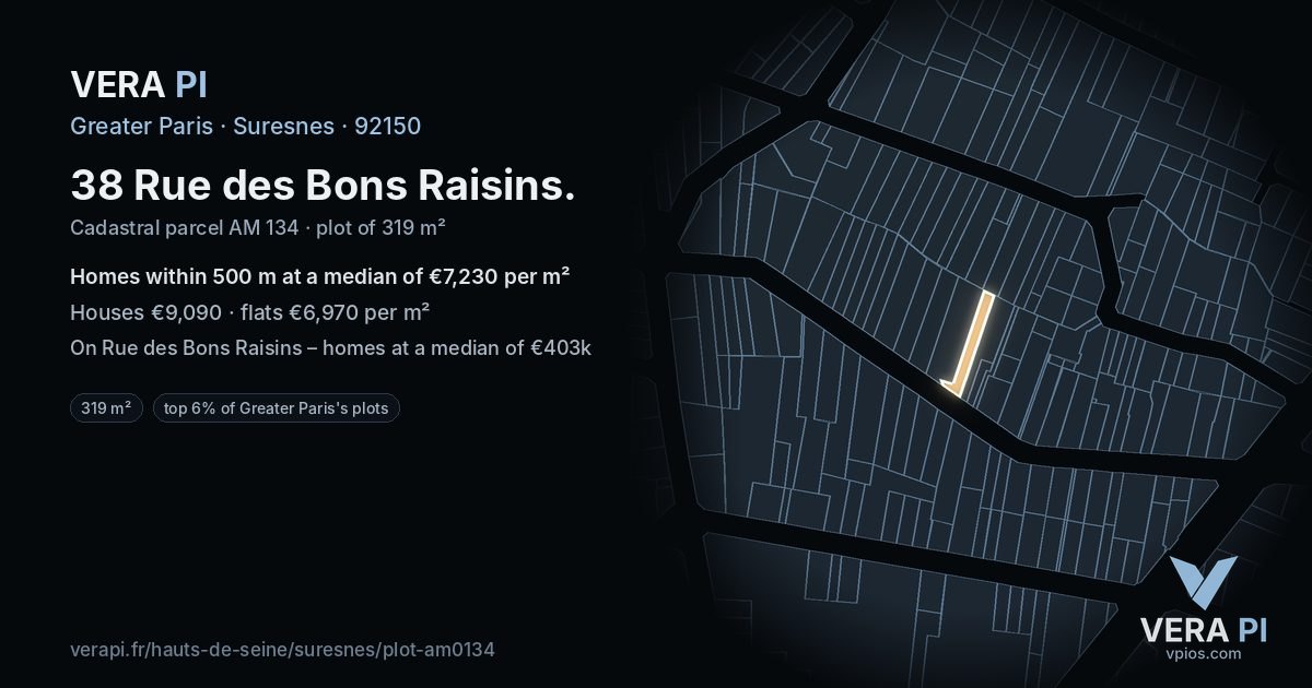 38 Rue des Bons Raisins, Suresnes at night – the plot lit, the parcels around coloured by the prices near them