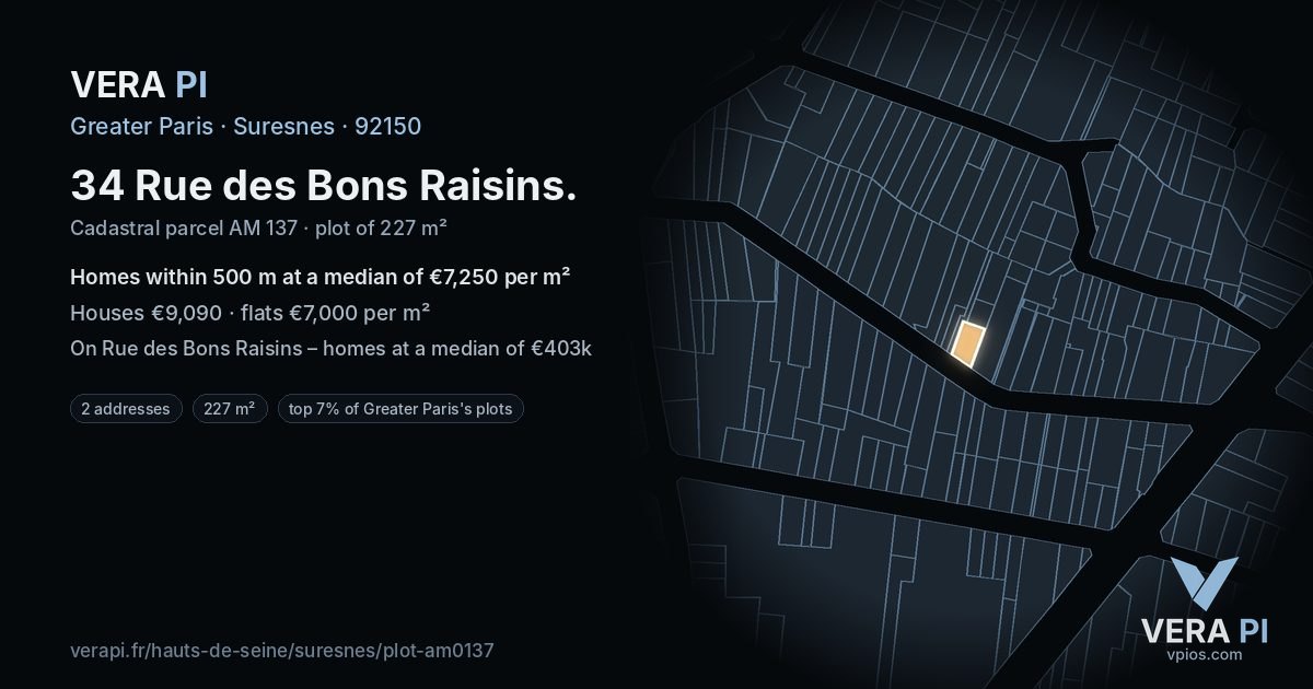 34 Rue des Bons Raisins, Suresnes at night – the plot lit, the parcels around coloured by the prices near them