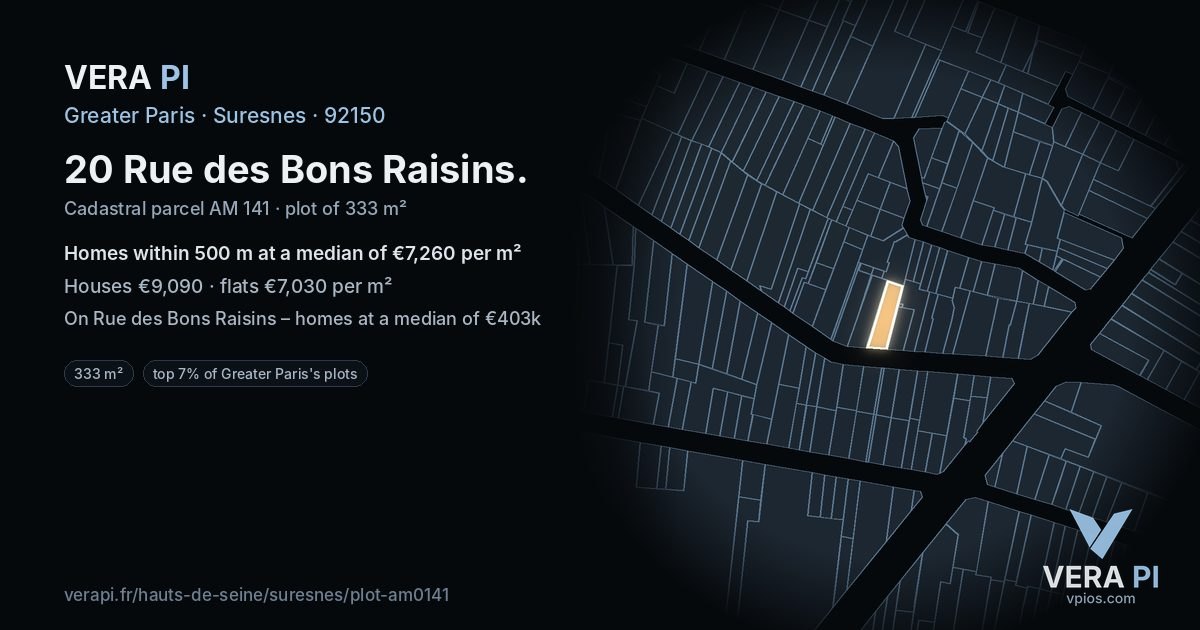 20 Rue des Bons Raisins, Suresnes at night – the plot lit, the parcels around coloured by the prices near them