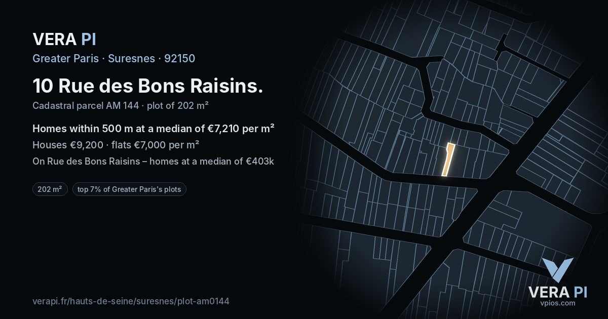 10 Rue des Bons Raisins, Suresnes at night – the plot lit, the parcels around coloured by the prices near them