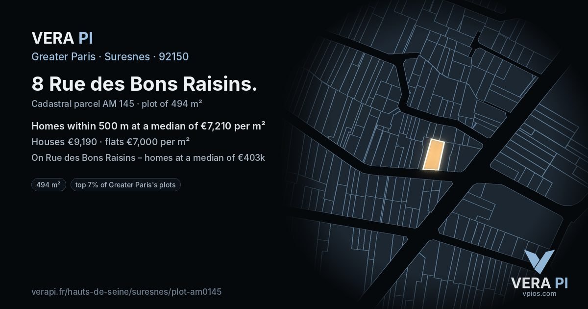 8 Rue des Bons Raisins, Suresnes at night – the plot lit, the parcels around coloured by the prices near them