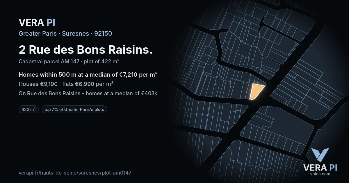2 Rue des Bons Raisins, Suresnes at night – the plot lit, the parcels around coloured by the prices near them