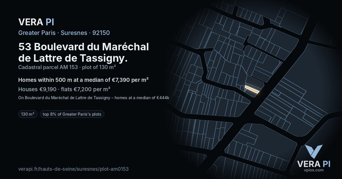 53 Boulevard du Maréchal de Lattre de Tassigny, Suresnes at night – the plot lit, the parcels around coloured by the prices near them