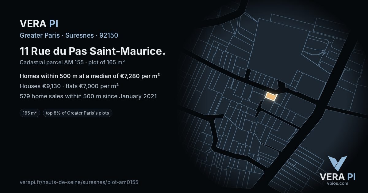 11 Rue du Pas Saint-Maurice, Suresnes at night – the plot lit, the parcels around coloured by the prices near them