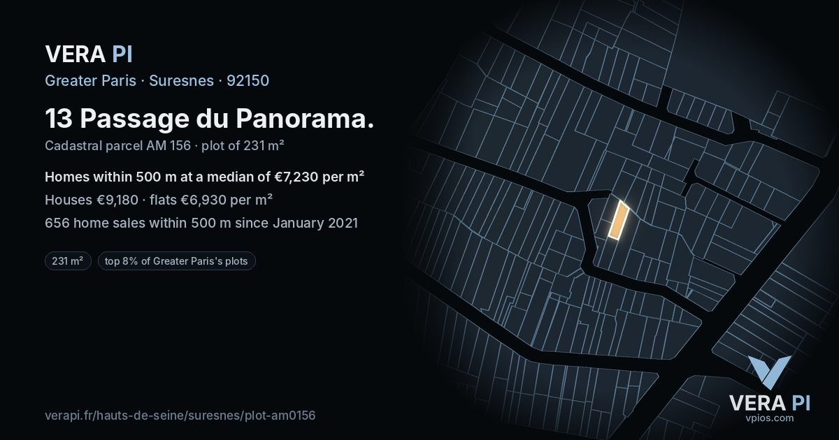 13 Passage du Panorama, Suresnes at night – the plot lit, the parcels around coloured by the prices near them