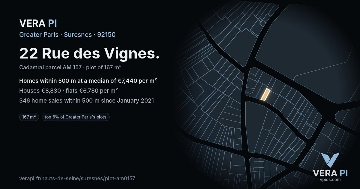 22 Rue des Vignes, Suresnes at night – the plot lit, the parcels around coloured by the prices near them