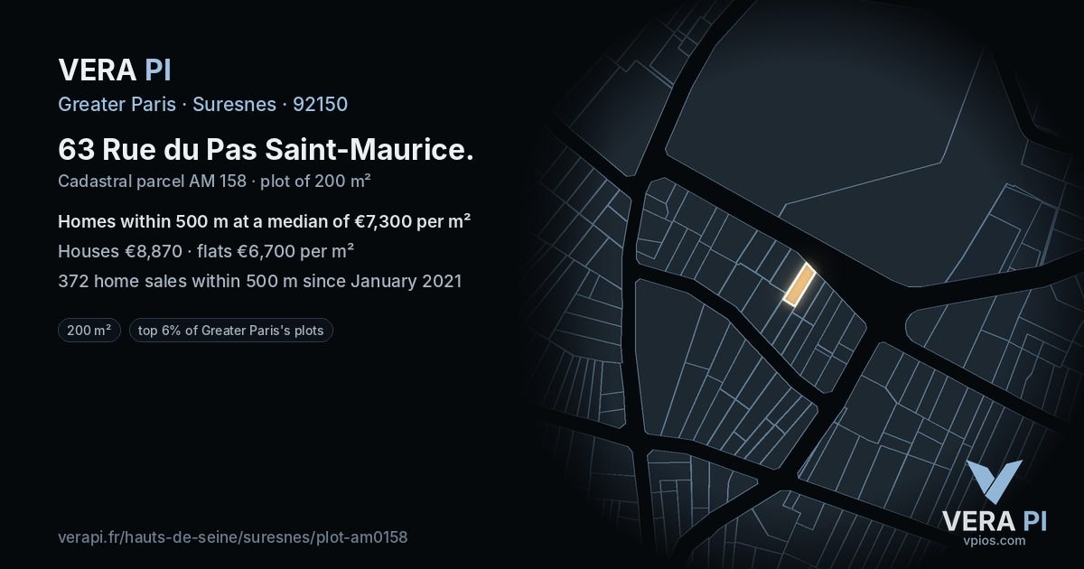 63 Rue du Pas Saint-Maurice, Suresnes at night – the plot lit, the parcels around coloured by the prices near them