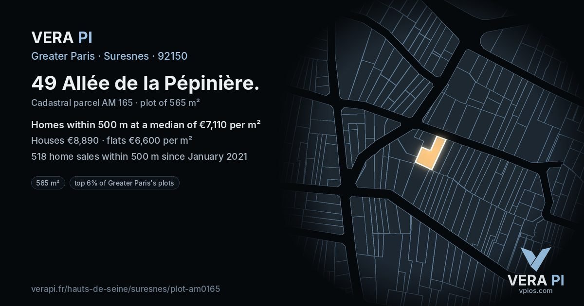 49 Allée de la Pépinière, Suresnes at night – the plot lit, the parcels around coloured by the prices near them
