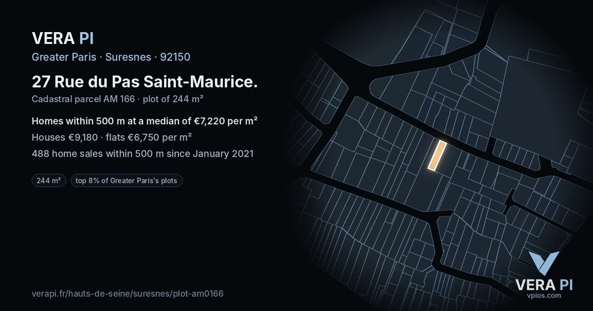27 Rue du Pas Saint-Maurice, Suresnes at night – the plot lit, the parcels around coloured by the prices near them