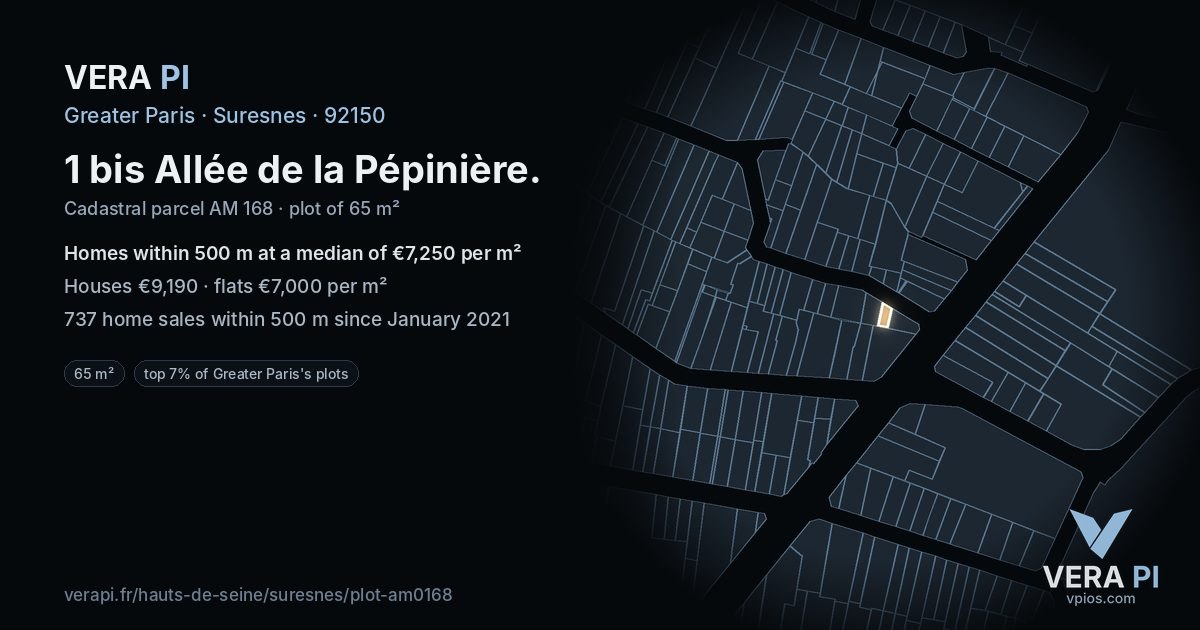 1 bis Allée de la Pépinière, Suresnes at night – the plot lit, the parcels around coloured by the prices near them