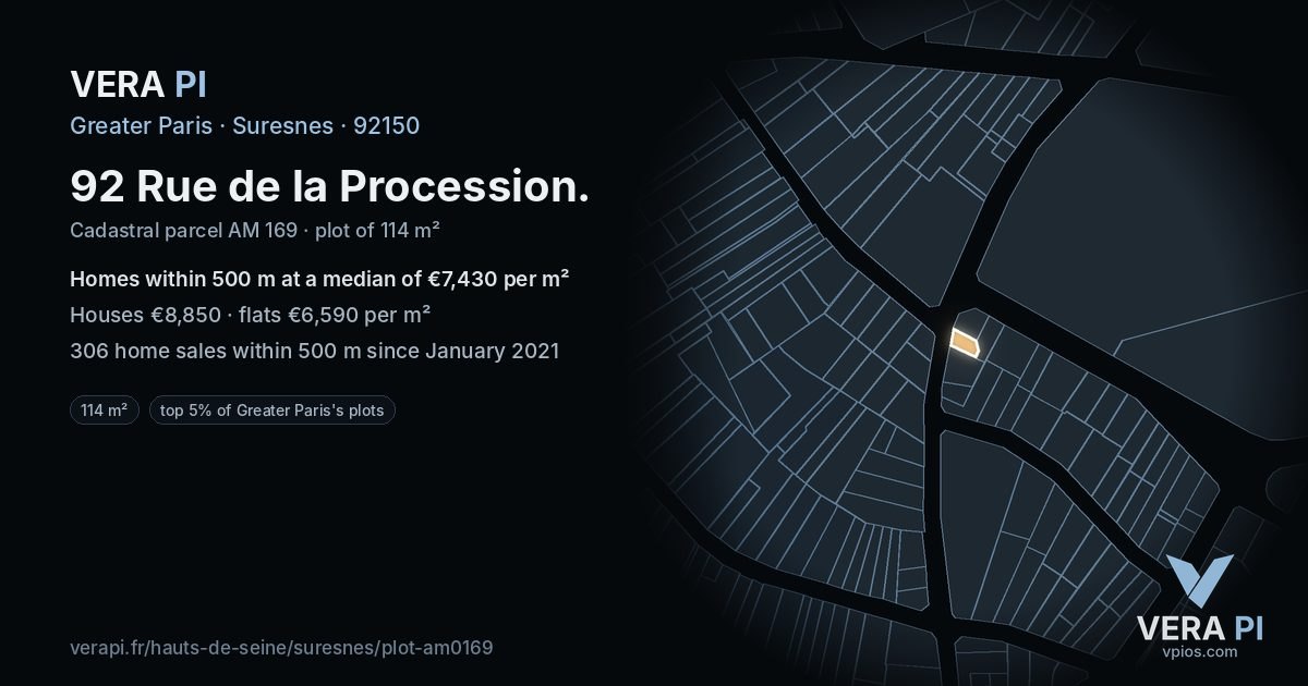 92 Rue de la Procession, Suresnes at night – the plot lit, the parcels around coloured by the prices near them