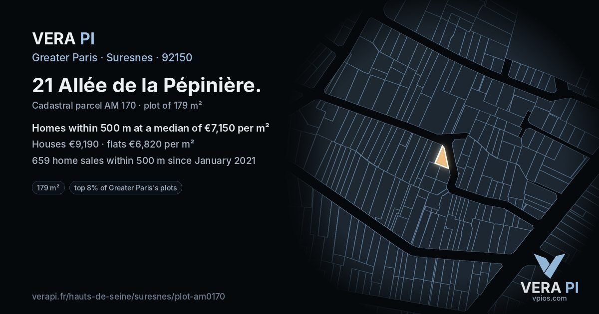 21 Allée de la Pépinière, Suresnes at night – the plot lit, the parcels around coloured by the prices near them