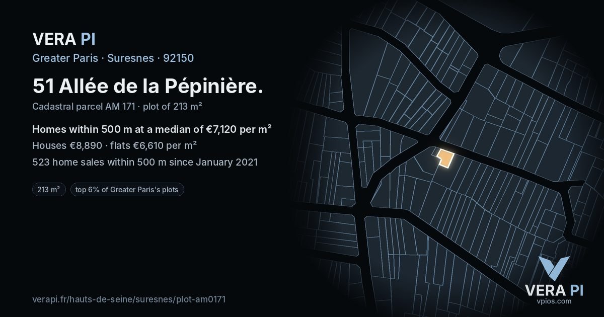 51 Allée de la Pépinière, Suresnes at night – the plot lit, the parcels around coloured by the prices near them