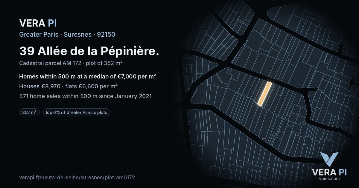 39 Allée de la Pépinière, Suresnes at night – the plot lit, the parcels around coloured by the prices near them